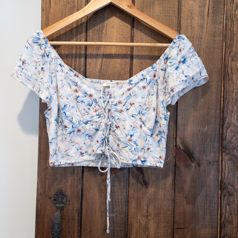 American Eagle Cropped Floral Milkmaid Peasant Flutter Sleeve Top Boho Festival